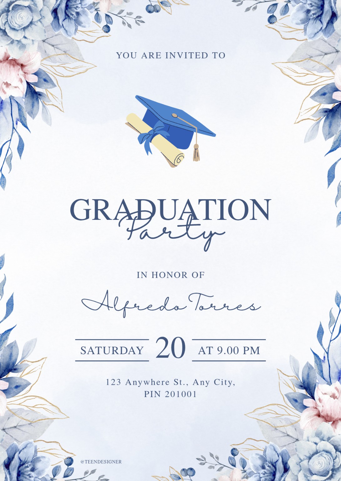 Blue floral graduation invitation design